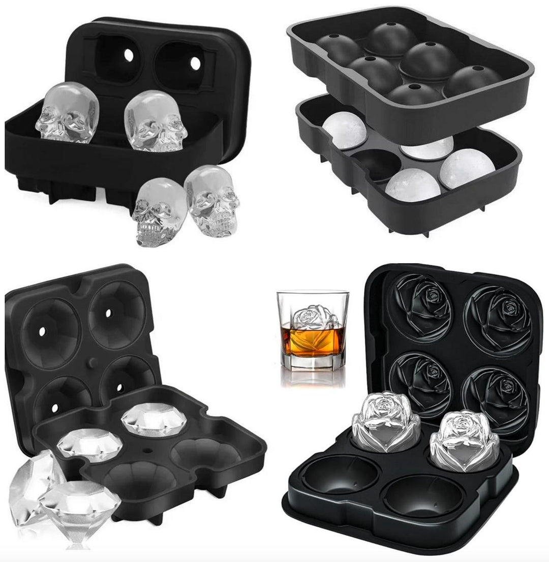 Party-Paket bestehend aus 1x Kugel-, 1x Diamanten-, 1x Rosen-, 1x Totenkopf Eiswürfelform